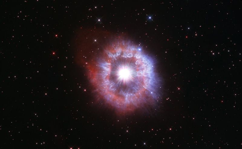 Ein heller Stern, umgeben von einer ausgedehnten, ungleichmäßigen Hülle aus Gas und Staub.